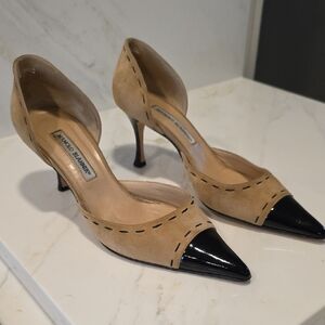 Manolo Blahnik Black Leather and Camel Suede Heels. VGUC